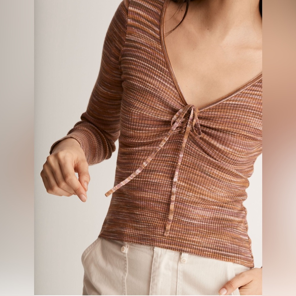 Madewell V-Neck Cotton Linen Blend Sweater, Size L; Bow detail, long sleeve NWT